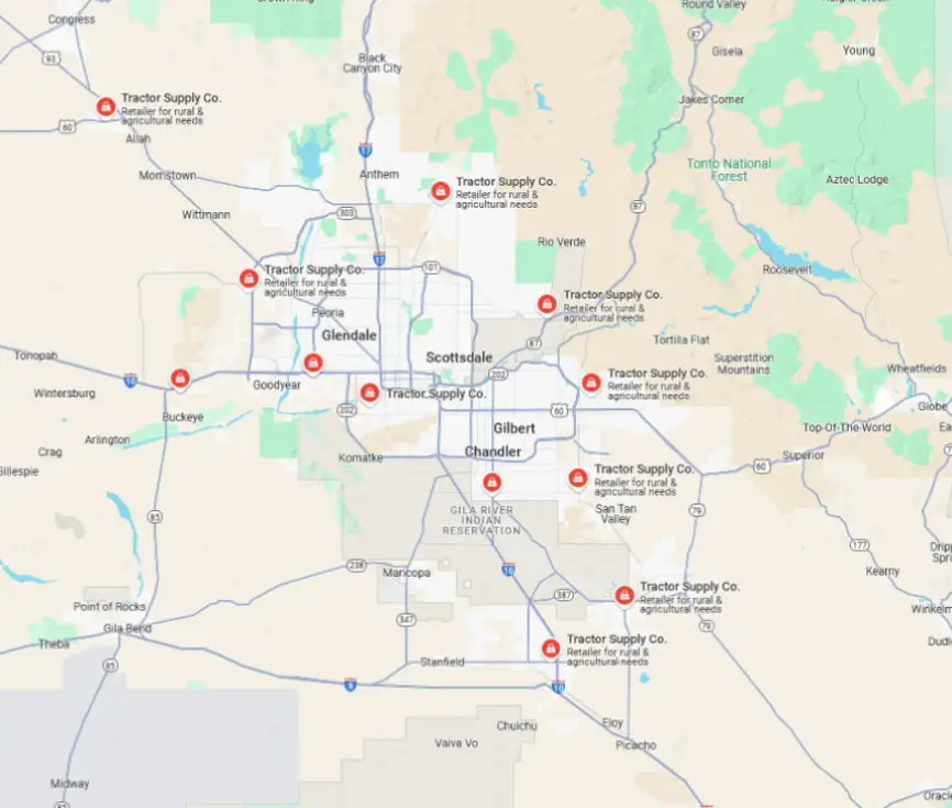 Google maps with all AZ Tractor Supply near me stores in Arizona TSC